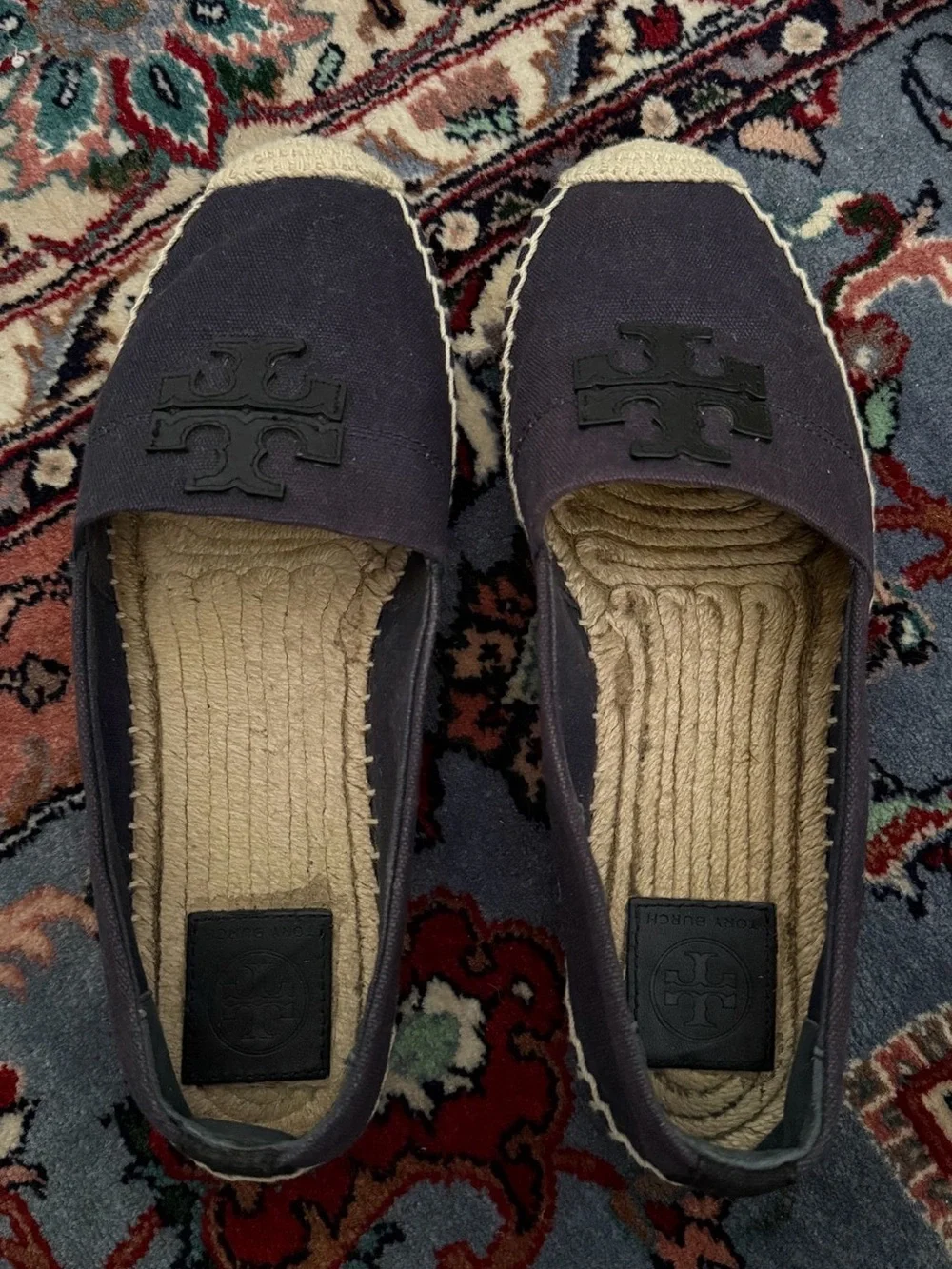 Tory Burch Weston Espadrille Flats Navy Canvas Logo Sz 9